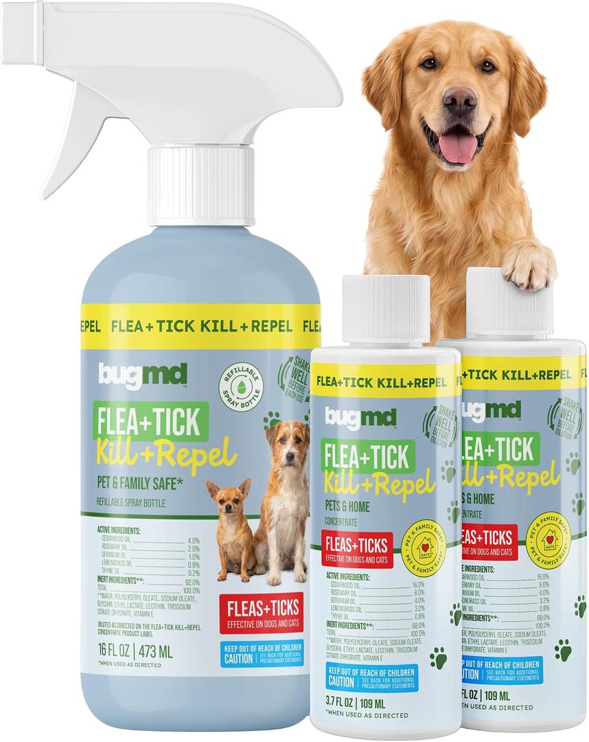 BugMD Flea and Tick Spray for Dogs and Cats Kills & Repels on Contact Plant-Powered Flea Treatment for Home, Furniture & Carpet | Makes 32 oz, Exp:  04/13/2029
