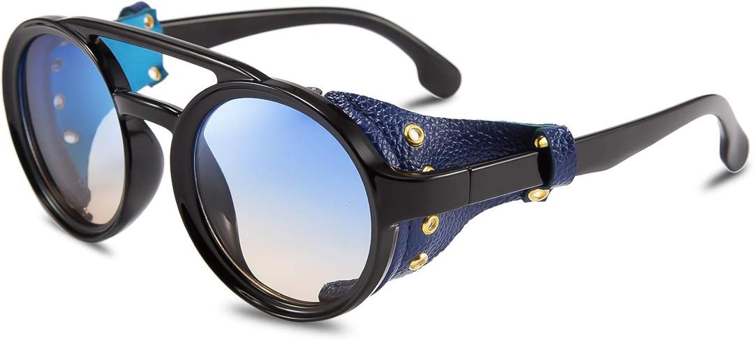 FEISEDY Retro Round Steampunk Sunglasses Women Men Vintage Eyewear Light Plastic Frame with Leatherwear B2532 (Blue)