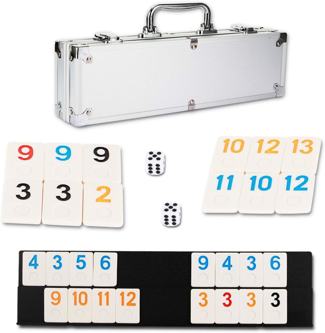 NOLIE 106 Tiles Rummy Cube Game Set with Aluminum Case and 4 Anti-Skid Durable Trays for 2-4 Players