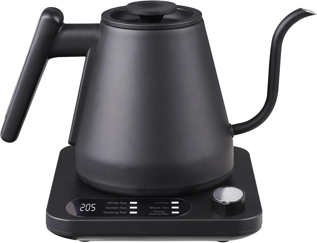 Gooseneck Electric Kettle, Variable Temp Control with 5 Presets & 5F Adjustments, 1200W Rapid Boil, 2H Keep Warm, Real-Time Temp Display, Precise Pouring, Coffee & Tea Kettle, Stainless Steel, Black