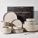 24-Piece Stoneware Reactive Glaze Dinnerware Set, Flared Plates & Bowls with Speckles & Spirals, Chip & Scratch Resistant Dishes, Dishwasher Safe, Service for 8, Gift Box, Shell Beige