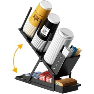 Evercove Paper Cup and Lid Holder- 5 Compartment Coffee Cup Organizer with Pod, Straw & Accessory Storage Basket, Cup Dispenser, Bar, Countertop, or Breakroom. Metal- Black