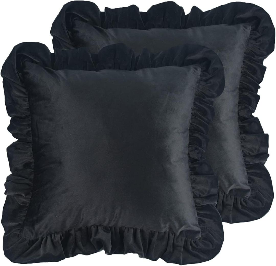 Velvet Ruffle Throw Pillow Covers Couch, Set of 2 Decorative Pillowcases with Ruffles 18x18 Inch Solid Color Shabby Chic Farmhouse Cushion Cover for Living Room Sofa Bed, Black
