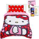 Hello Kitty Bedding Set Twin Bed - Bundle with Bedspread, Flat Sheet, Fitted Sheet, and Pillowcase for Twin Bed Plus Stickers, More