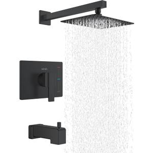 KENES Matte Black Tub Shower Faucet Set Complete with 10-Inch Rainfall Shower Head and Tub Spout, Square Tub and Shower Trim Kit, KE-6024A-2 (Shower Valve Included)