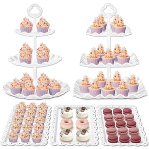 Kootek Dessert Cupcake Stand, 5pcs Dessert Table Display Set, 3 Tiered Cup Cake Holder Tower Stand Riser& Cookie Serving Trays for Wedding, Tea Party, Birthday, Baby Shower (Bright White)