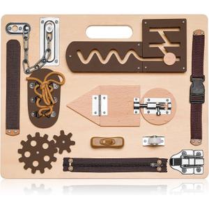 Montessori Busy Board for Toddlers, Wooden Sensory Toys, Preschool Learning Activities for Fine Motor Skills Travel Toy, Basic Life Skills Educational Gifts for 1, 2, 3 Years Old Kids Boys Girls (Nature)