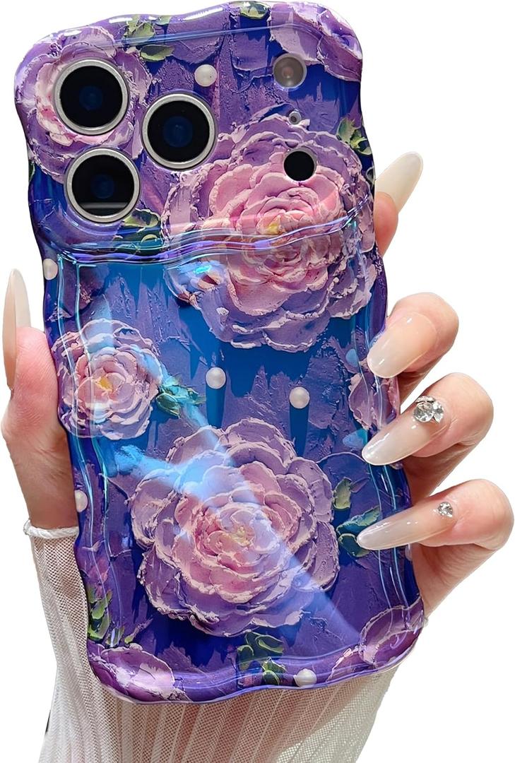 XIZYO Case for iPhone 17 Pro, Colorful Retro Oil Painting Flower Cute Floral Aesthetic Curly Wave Frame Laser Glossy Reflective Exquisite Stylish Protective Cover Women Girls-Peony Flower/Purple