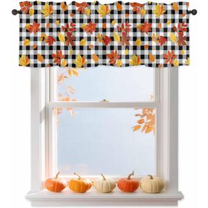 Kitchen Cafe Valance Curtain for Small Windows,Thanksgiving Farm Harvest Rod Pocket Blackout Curtains,Fall Maple Leaves on Buffalo Plaid Darkening Window Treatment for Living Room Bedroom Bathroom (54"W x 18"L (Pack of 1), Multi Color)