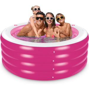 Inflatable Pool with Seating,Four-Tier 72 x 27Inflatable Swimming Pool with Drink Holder Handles, Summer Family Water Park,Backyard Family Pool, Garden (Pink)