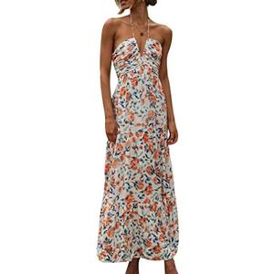 Women's Halter Neck Floral Maxi Dress 2024 Summer Boho Long Sundress Sexy Sleeveless Backless Flowy Ruffle Dress L