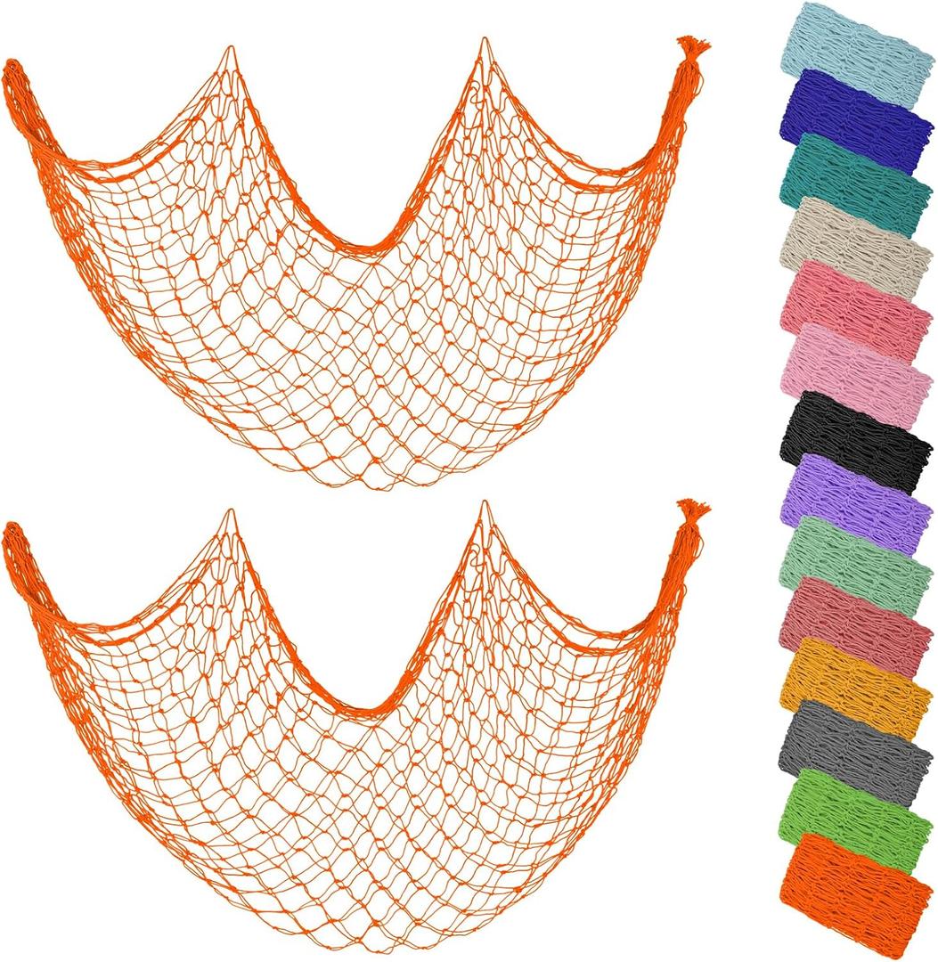 ZUEXT Decorative Fishing Net 80x40 Inch, 2 Pack Large Orange Picture Fish Net, Wall Photo Hanging Fishnet for Nautical Mermaid Pirate Ocean Themed Hawaii Beach Under The Sea Party Decorations