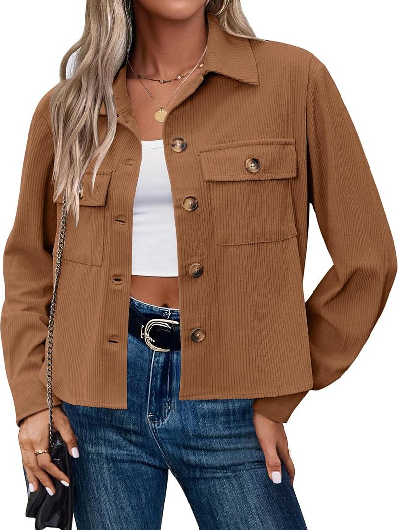 Zeagoo Womens Fashion Cropped Corduroy Shackets Button Down Jackets Tops Fall Trendy Long Sleeve Shirts, Medium