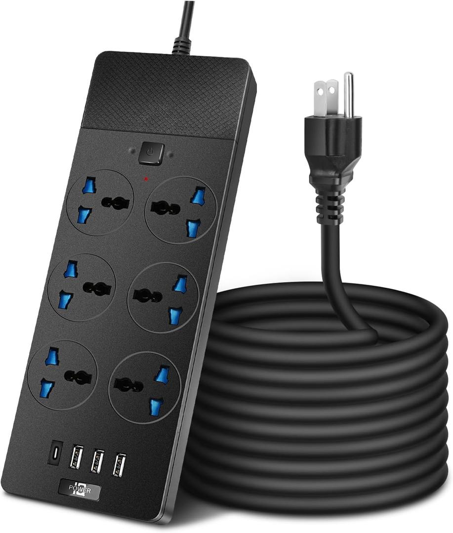 Universal Power Strip with 6 Oulets, 3 USB and 1 Type C, 6.5ft Extension Cord 3000W Universal Power Strip Surge Protector 110V-250V Extension Lead for Home Office Dorm Room (Black)