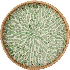 StorageWorks Decorative Coffee Table Trays for Home Decor, Round Rattan Tray with Mother of Pearl Inlay, Small Wicker Woven Serving Tray Decor for Kitchen Counter, Living Room and Ottoman, Green (11.8")