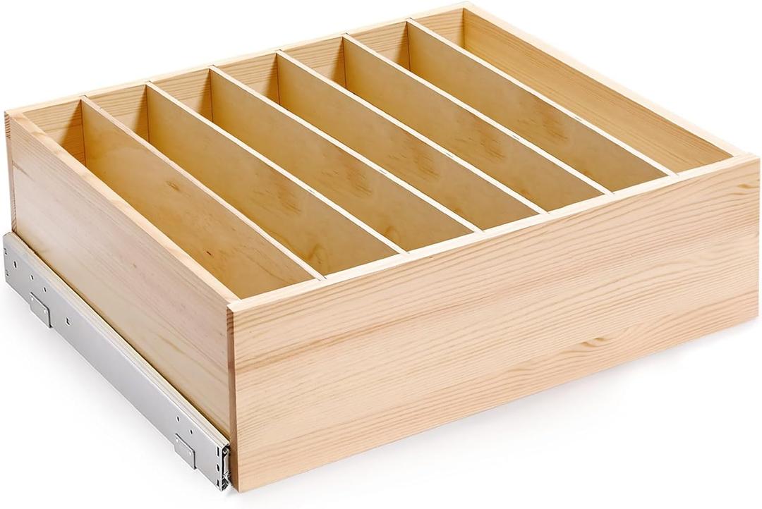 Pull Out Cabinet Organizer with Divider, 25''W21''D7''H Soft Close Wood Drawer for Kitchen Pantry, Finished, Heavy-Duty, Bottom Assembly (Wood Drawer Part Width is 24'')