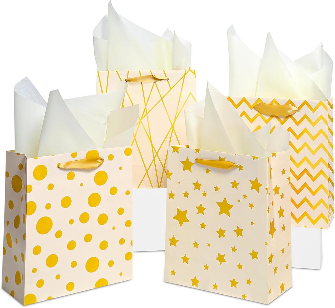 Ehpiern 4PCS Beautiful Gift Bags, 9" Medium Size Gift Bag with Handles and Tissue Paper, Reusable Gift Bags Suitable for Presents of Baby Shower, Birthday, Weddings, Christmas, Mothers Day & Other Occasion (Gold)