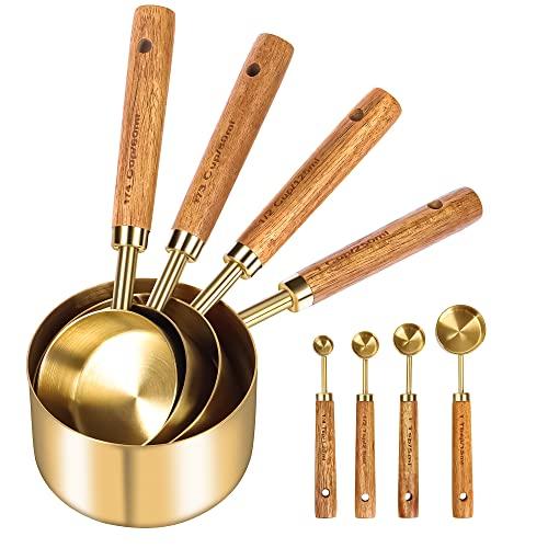 GuDoQi 8Pcs Gold Measuring Cups and Spoons Set, Wooden Handle, Premium Stainless Steel with Metric & US Measurements, Nesting for Dry/Liquid Kitchen/Food/Baking