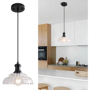 Vintage Pendant Light Kitchen Island, Black Pendant Light Fixture with Flower Clear Glass Shade, Antique Pendant Lamp for Dining Room, Living Room, Bedroom, Kitchen Island Sink (1 Pack)