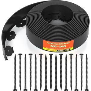 40FT No-Dig Landscape Edging, 2 Inch Tall Heavy Duty Plastic Garden Edging Border with 40 Anchoring Spikes for Lawn, Flower Bed & Decorative Yard (Black)
