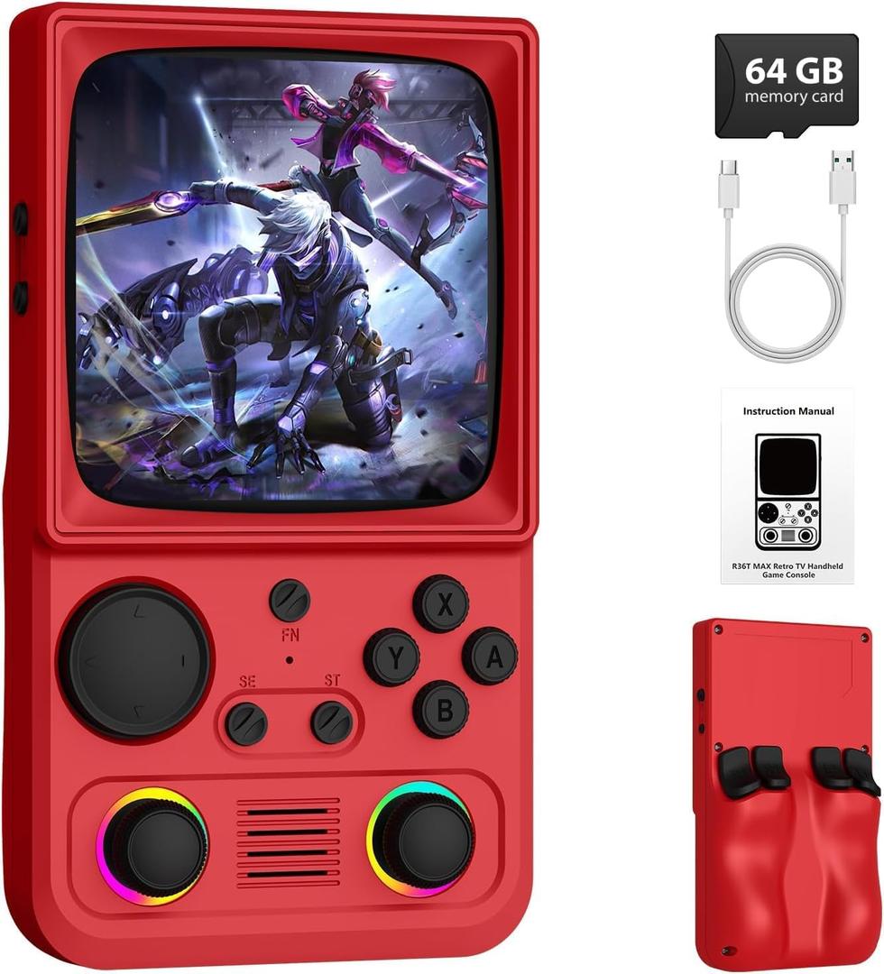 R36TMAX Retro Handheld Game Console, Portable Retro Gaming Console with 4.0 CRT-Inspired Screen, 4000mAh Arcade Classics, Supports Multiple Emulators, WiFi Network Battling, 64GB (Red)