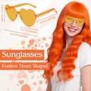 PLULON Orange Neon Wigs for Women with Heart Sunglasses, Colorful Long Curly Wigs Synthetic Colored Funny Cosplay Hairpieces for Daily Bachelorette Halloween Costume Party Decorations