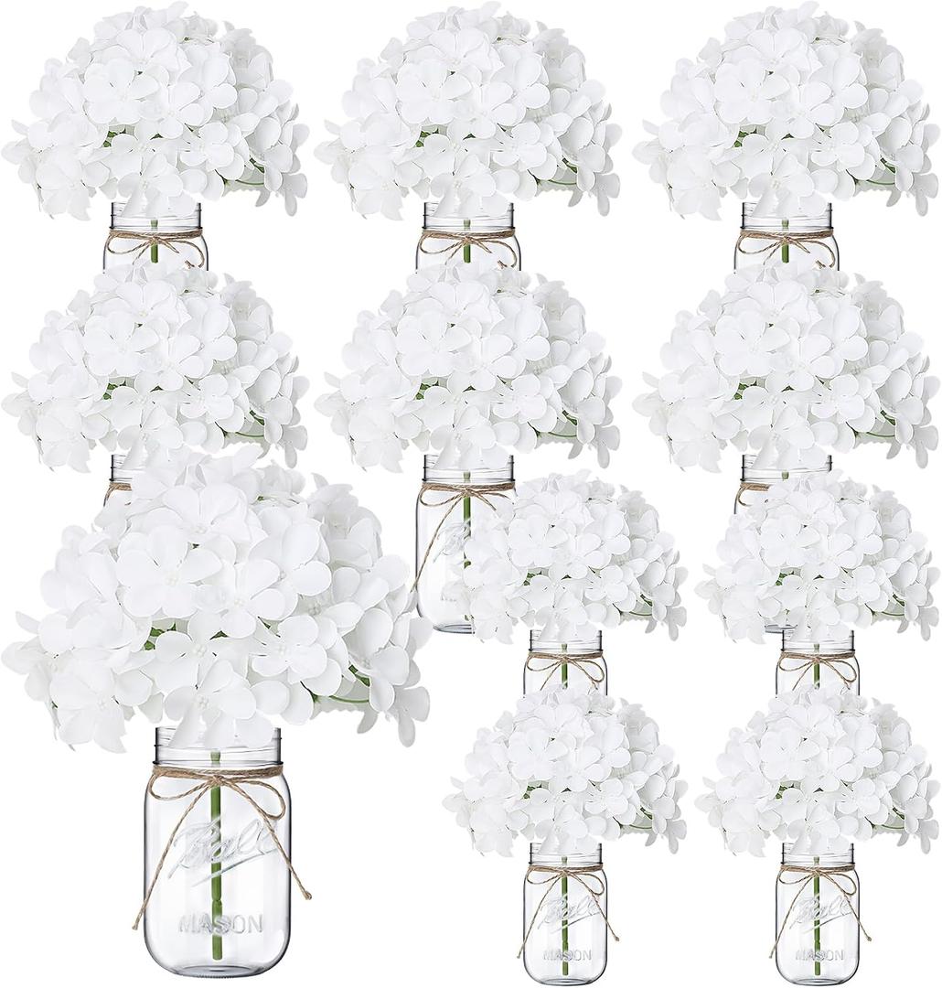 Flowers in Mason Jars for Table, 10 Set Artificial Hydrangea Table Centerpieces Glass Flowers Vases Decor for Home Party Wedding Farmhouse Bridal Shower Graduation Boho Decorative(White)
