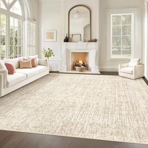 Living Room Rugs 8x10: Washable Moroccan Geometric Boho Rug Farmhouse Non Slip Stain Resistant Large Rug Low Pile Soft Carpet for Bedroom Dining Room Children Room (Beige,8'x10')