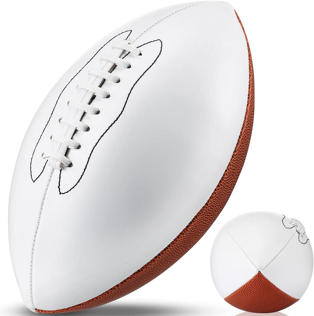 Halloscume 11.02in Blank Autograph Football Size 9 White Football with 1 Brown and 3 White Panels for Signature Autographs Customized Trophy Rugby Game Wedding Garter Toss