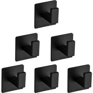 Bath Towel Hook,6 Pack Self Adhesive Square Coat Hooks, Sturdy No Drilling Robe Hook, Stainless Steel Heavy Duty Clothes Hanger, Wall Hooks for Bathroom Bedroom Kitchen (2 Inch,Black)