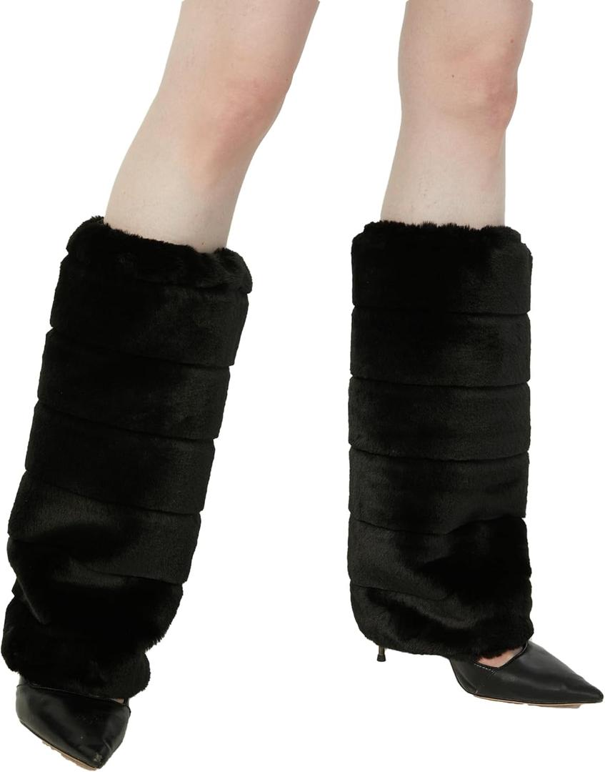 Faux Fur Leg Warmers for Women, Fluffy Boot Cuffs Covers for Halloween, Christmas,Furry Costume Cute Cosplay (15.7 inch, Black-soft Plush)