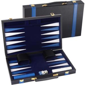 GSE Games & Sports Expert Premium Leather Backgammon Board Game Set, Classic Backgammon Game Set with Leather Case, Travel Folding Board Game (Black&Blue, Large)