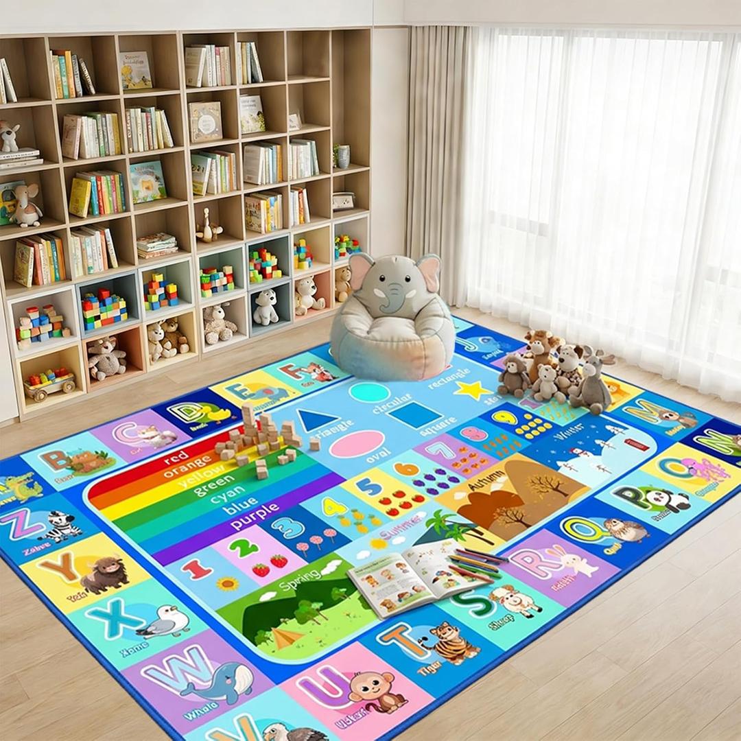 Educational ABC Area Rug for Bedroom, Classroom, 4.5x6 Ft Learning Alphabet Rug with Numbers Animals Seasons Fruits, Non-Slip Washable Soft ABC Floor Carpet, Blue