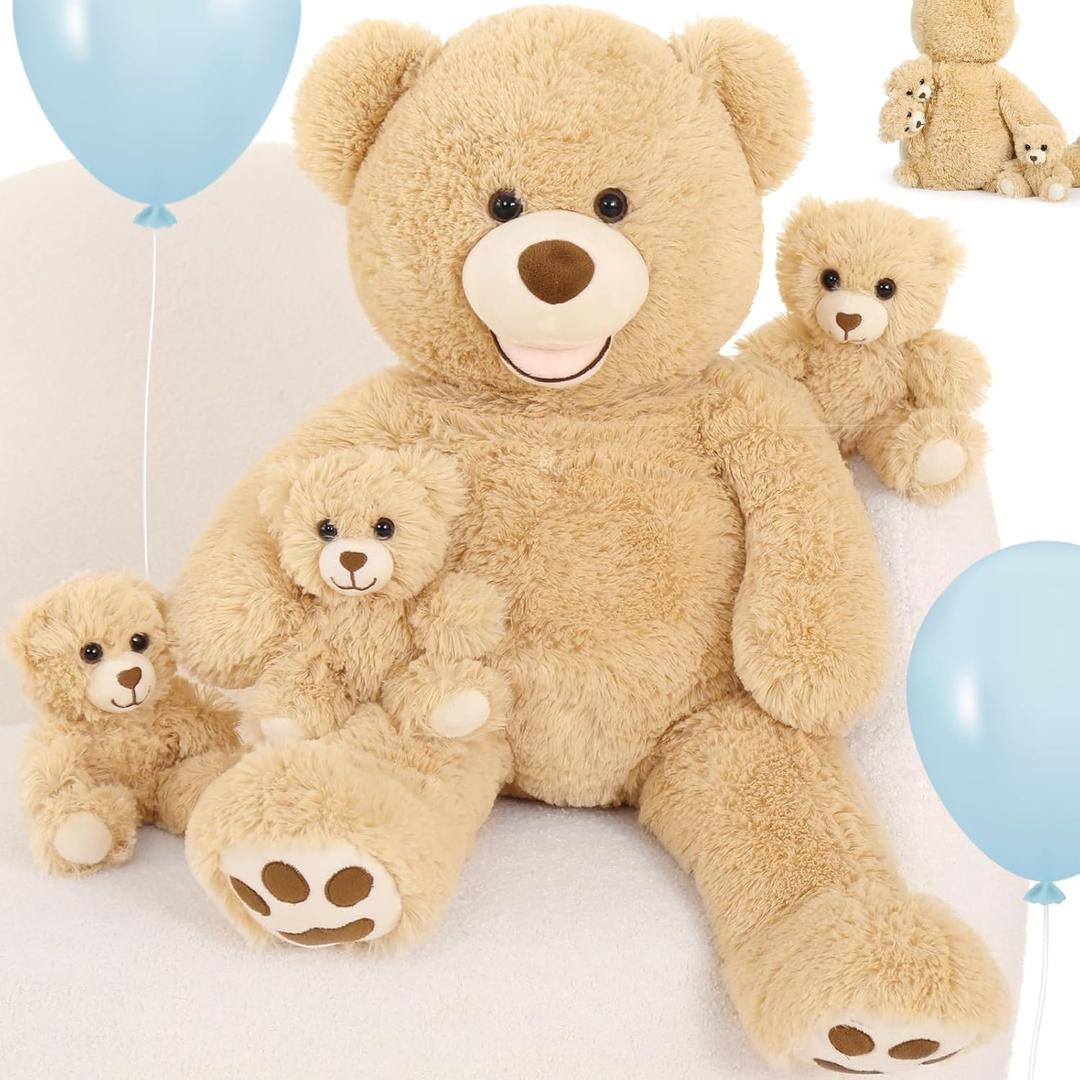 MorisMos Giant Teddy Bear Stuffed Animals,28'' Mommy Stuffed Bear with 3 Babies Inside Belly,4 Packs Bulk Teddy Plush Toys for Kids Girl Boy Birthday Baby Shower Mother's Day,Brown