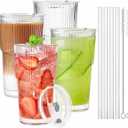 TUZAZO 20 Oz Glass Tumblers with Lids and Straws - 4 Pack Ribbed Glass Iced Coffee Cup with Straw and Lid, Thicken Glasses, Ideal for Smoothieds, Cocktails, and Juices