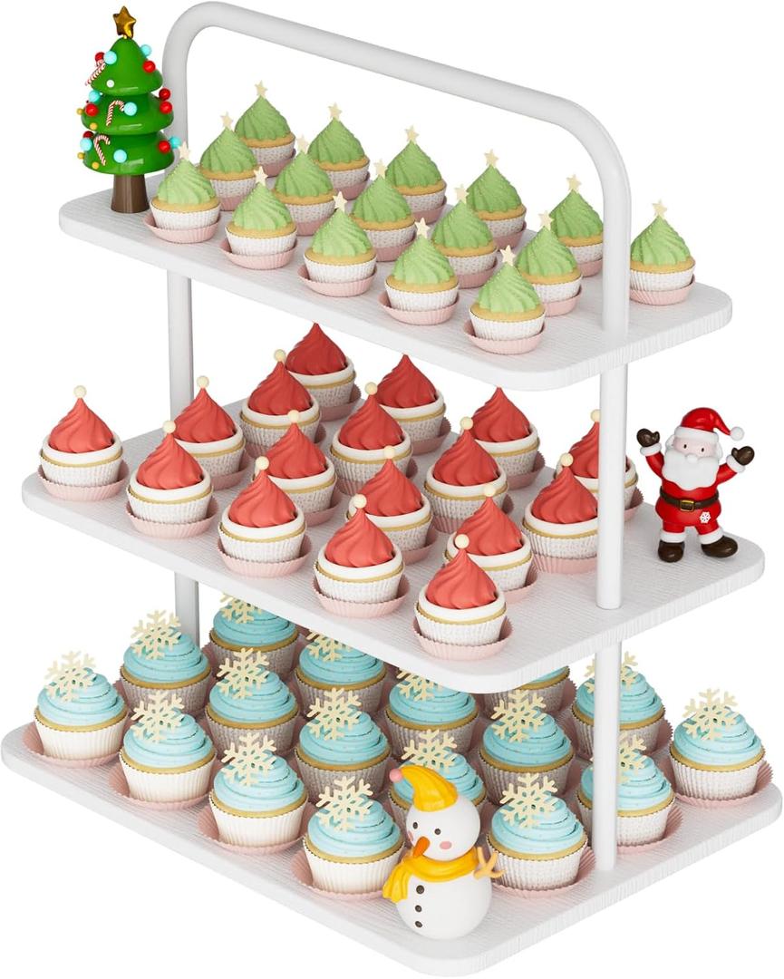 Cupcake Stand, 3-Tier Dessert Stand for 52 Cupcakes, Wood & Metal Tower Display Premium Holder Dessert Tree Tower for Christmas Birthday Weddings Party Decor, Serving Tray, White