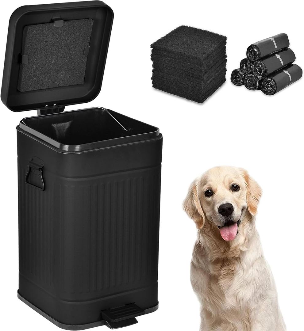 Dog Poop Trash Can with Lid for Outdoors3.2 Gallon Trash Can with Activated Carbon Filter & Plastic Bags, Pet Waste ContainerUP12L-BK-F+90BK (Rectangle-Black)