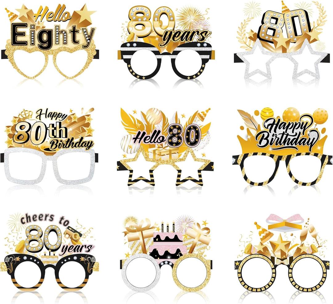 Konsait 80th Birthday Glasses - 18 Pack Photo Props for Man & Woman, Hello Eighty Cheers to 80 Years Party Favors