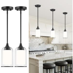 LIROUVET 2 Pack Pendant Lights Kitchen Island, Dual Glass Pendant Lights, Black Hanging Lamp with Clear and Milk Glass, Industrial Pendant Light Fixtures for Dining Room PL02BK-2PK