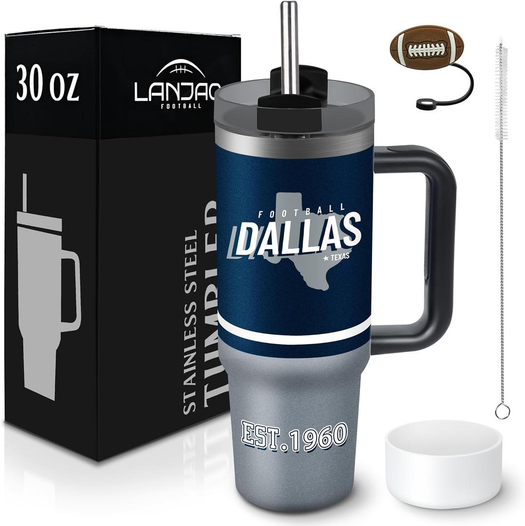 Tumbler 30oz Straight Skinny Portable Handle Car Cups With Anti slip Sleeve Straw Dust Cover, Sports Travel, Stainless Steel Insulated Gifts for Men Women Fans (Dallas)