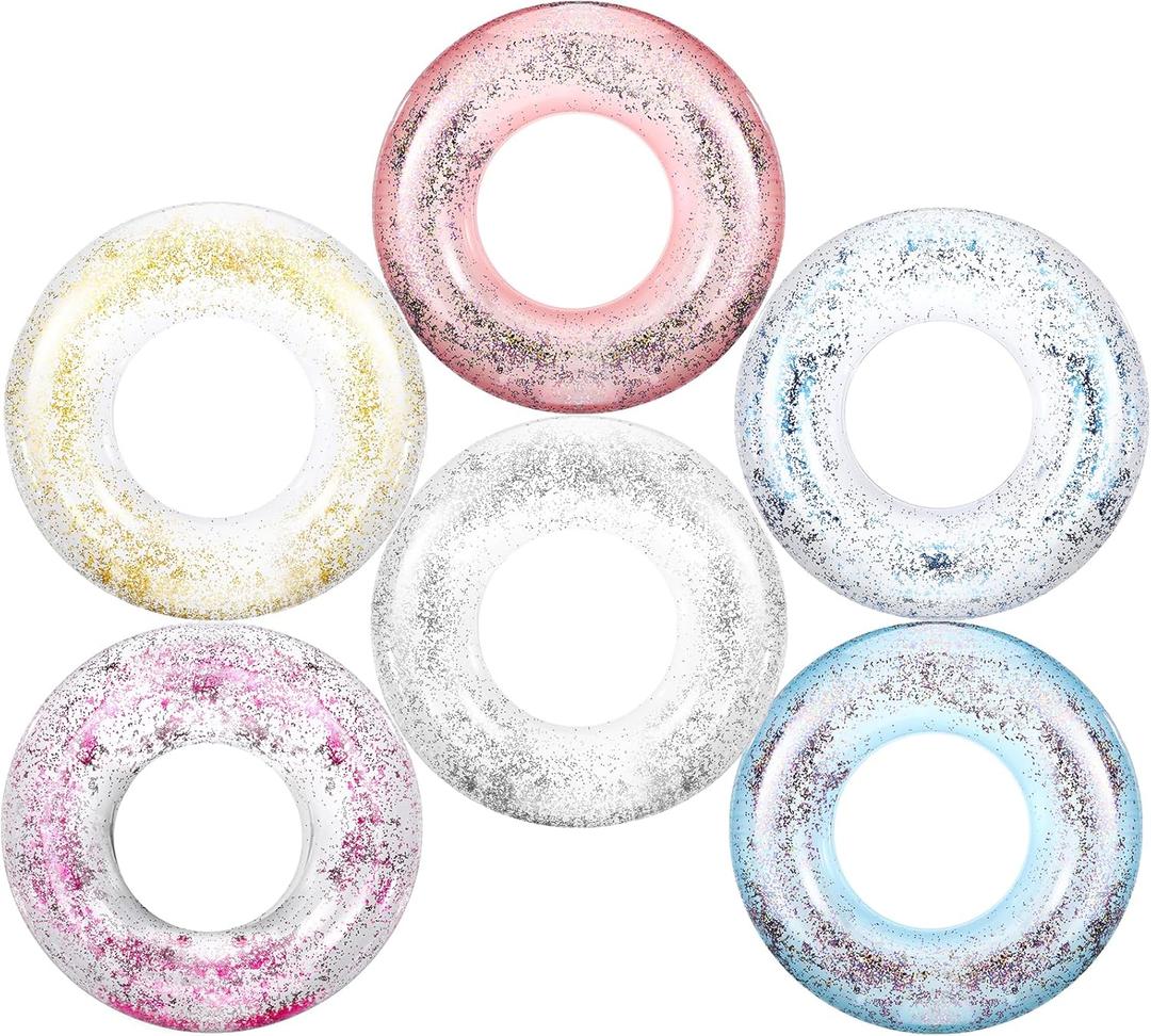Zhanmai 6 Pcs Glitter Pool Floats Inflatable Pool Tube Transparent Swimming Ring Bachelorette Party Floatie Colorful Disco Inner Tube for Adults, Bride Wedding Engagement Beach Party Favors