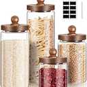 Gerrii Glass Storage Jars Set of 4, Clear Food Storage Containers with Wooden Lids Airtight Kitchen Canisters with Sticker and Chalk for Candy Cookie Rice Sugar Flour Pasta Nuts Beans Spice, 4 Sizes