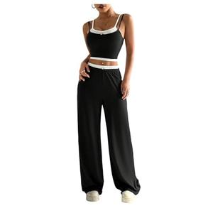Floerns Women's Two Piece Summer Outfit 2 in 1 Sleeveless Crop Cami Top & High Waisted Pants Set Black X-Small