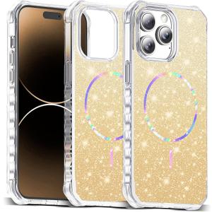 Compatible with iPhone 14 Pro Max Case Magnetic Glitter iPhone 14 Pro Max Phone Case 6.7" with Curly Wavy Frame Design [Bling & Cute][Compatible with Mag-Safe],Gold