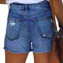 MINGALONDON Women's Denim Shorts Summer Mid Waist Ripped Raw Cut Hem Distressed Stretchy Jean Shorts (L)