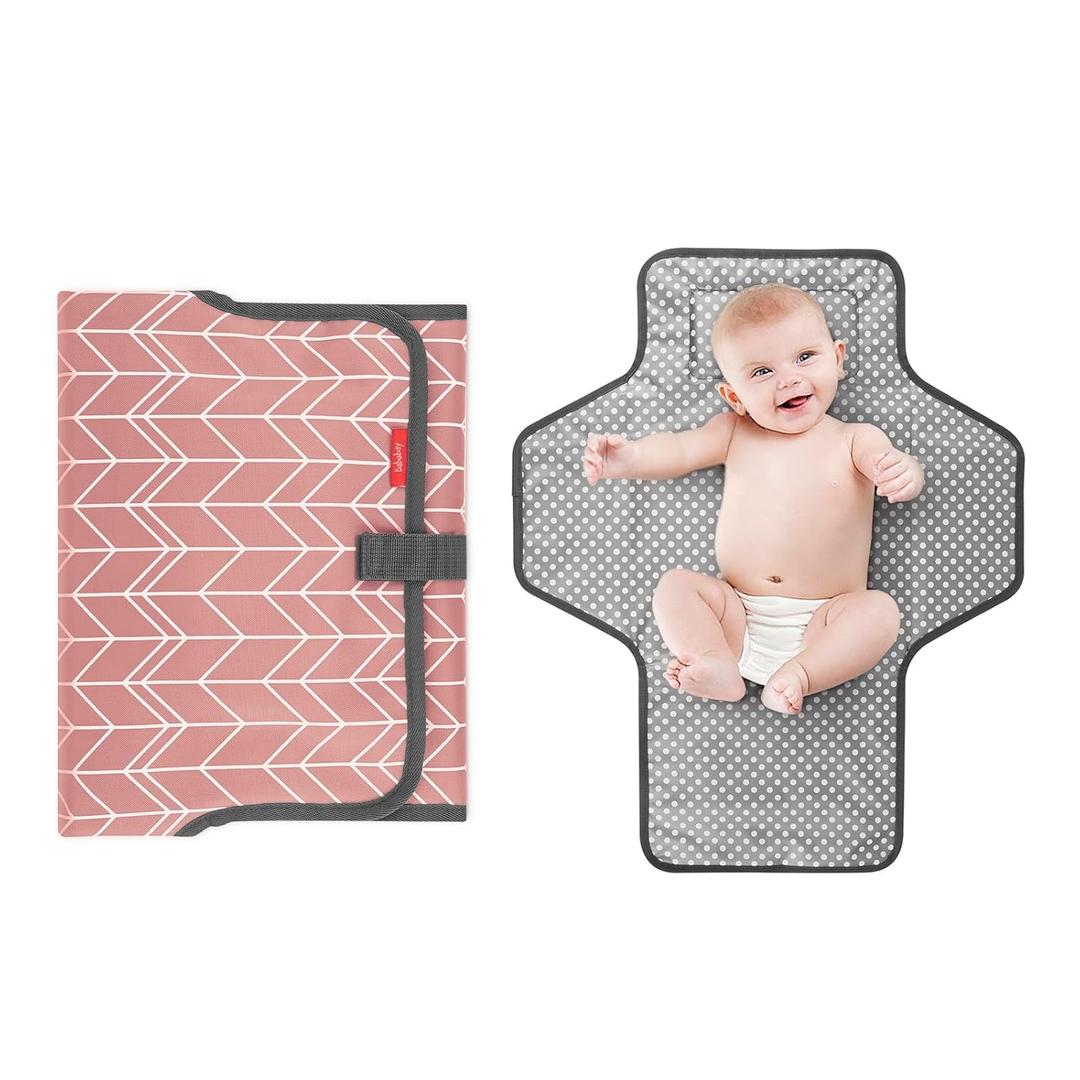 Babebay Waterproof Portable Diaper Changing Pad, Foldable Travel Changing Mat for Baby Girl Boy, Lightweight Travel Changing Station, Boho Geometric Pattern (Pink Wave Print)