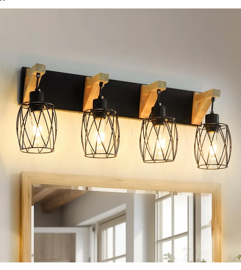 Farmhouse Vanity Light Fixture, 4-Light Wood Bathroom Lighting With Cage Metal Lampshade for Mirror