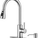 FORIOUS Kitchen Faucet with Soap Dispenser, Brushed Nickel, Single Handle Stainless Steel Transitional Sink Faucet with Pull Down Sprayer 1 or 3 Hole, Suitable for Farmhouse Laundry Camper RV Bar