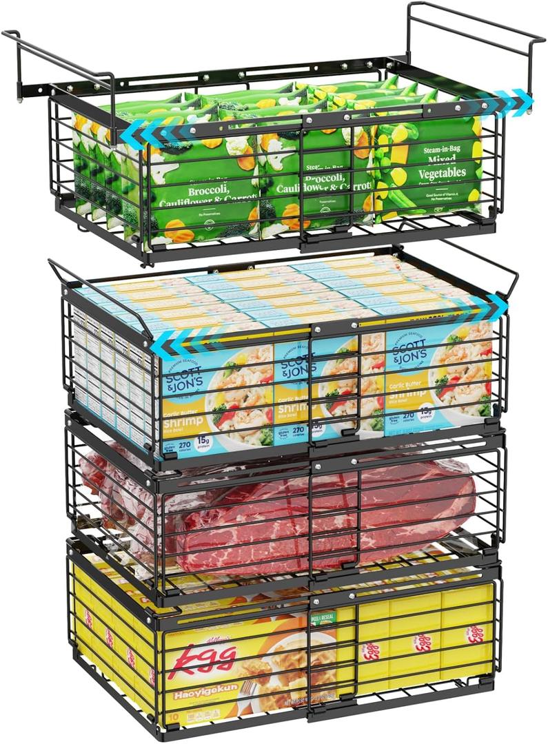 iSPECLE Deep Freezer Organizer Bins for 10 to 20 Cu.Ft, 4 Pack Stackable & Hanging Baskets, Expandable Metal Wire Storage System, Fits 17.5"-22.6" Width, Chest Freezer Only, Black