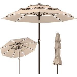 Kingdura 10ft 3-Tier Patio Umbrella with Solar Lights, Table Umbrella Outdoor Patio with Easy Crank & Tilt, 8 Sturdy Ribs, UV Protection, 32 LED Lights for Deck, Poolside, Market (Beige)